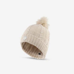 WEDZE Women's Cable-Knit Wool Hat With Pompom - Cream -Winter Sports Gear women s cable knit wool hat with pompom cream 3