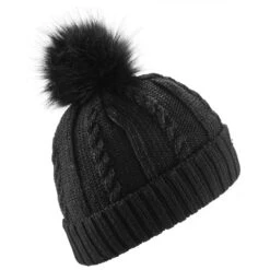 WEDZE Women's Ski Cable-Knit Faux-Fur Wool Hat - Black -Winter Sports Gear women s ski cable knit faux fur wool hat black 12