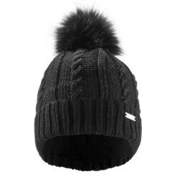 WEDZE Women's Ski Cable-Knit Faux-Fur Wool Hat - Black -Winter Sports Gear women s ski cable knit faux fur wool hat black 13
