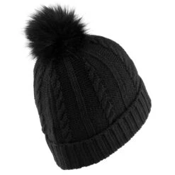 WEDZE Women's Ski Cable-Knit Faux-Fur Wool Hat - Black -Winter Sports Gear women s ski cable knit faux fur wool hat black 3