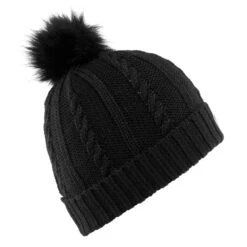 WEDZE Women's Ski Cable-Knit Faux-Fur Wool Hat - Black -Winter Sports Gear women s ski cable knit faux fur wool hat black 5