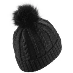 WEDZE Women's Ski Cable-Knit Faux-Fur Wool Hat - Black -Winter Sports Gear women s ski cable knit faux fur wool hat black 9